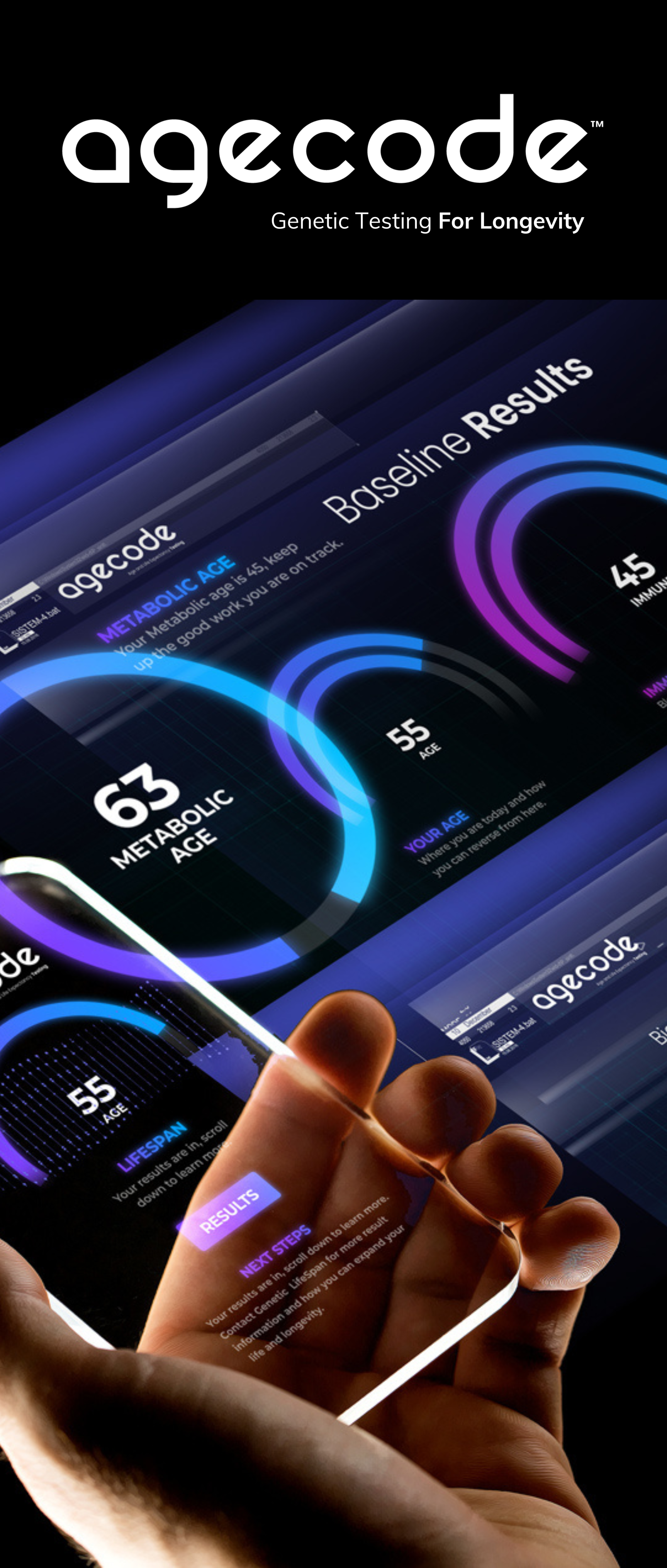 AgeCode dashboard shown through a phone screen.
